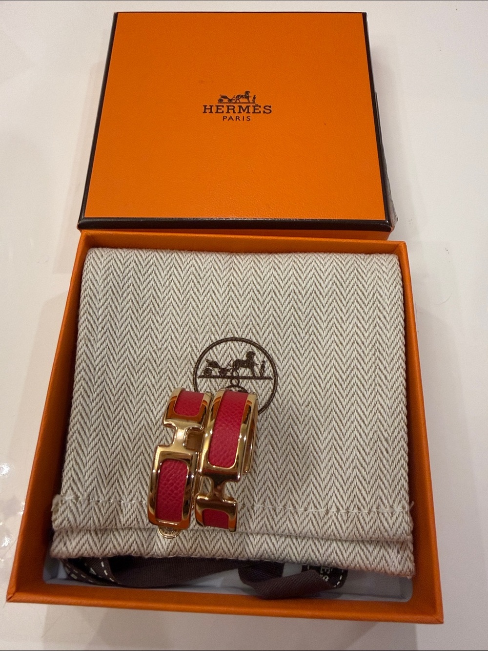 Hermes Pink Enamel H Cuff with Gold Hardware
